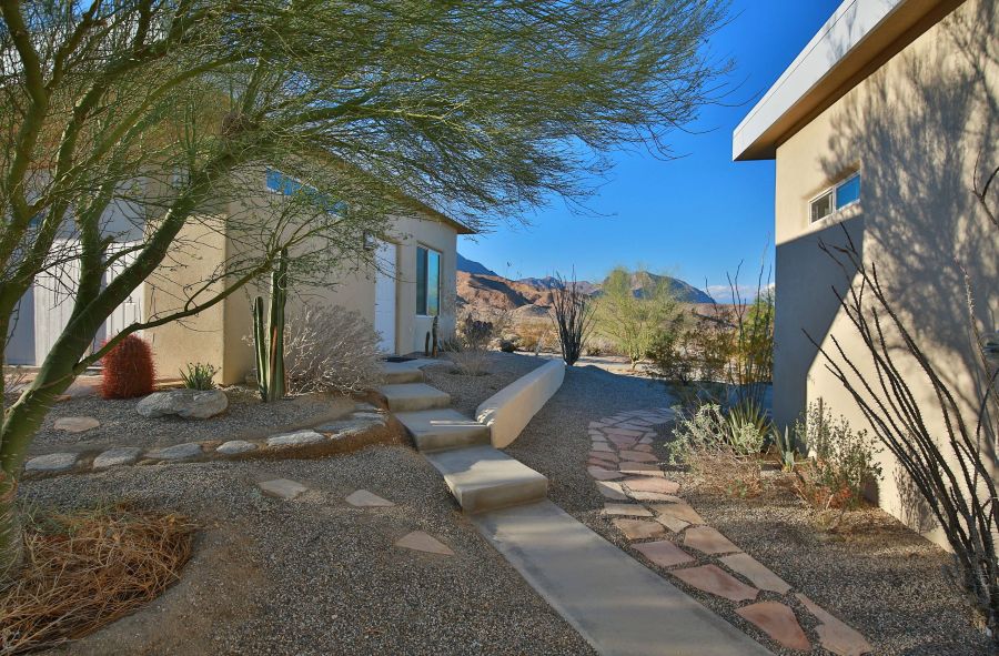 backyard with limestone pathway